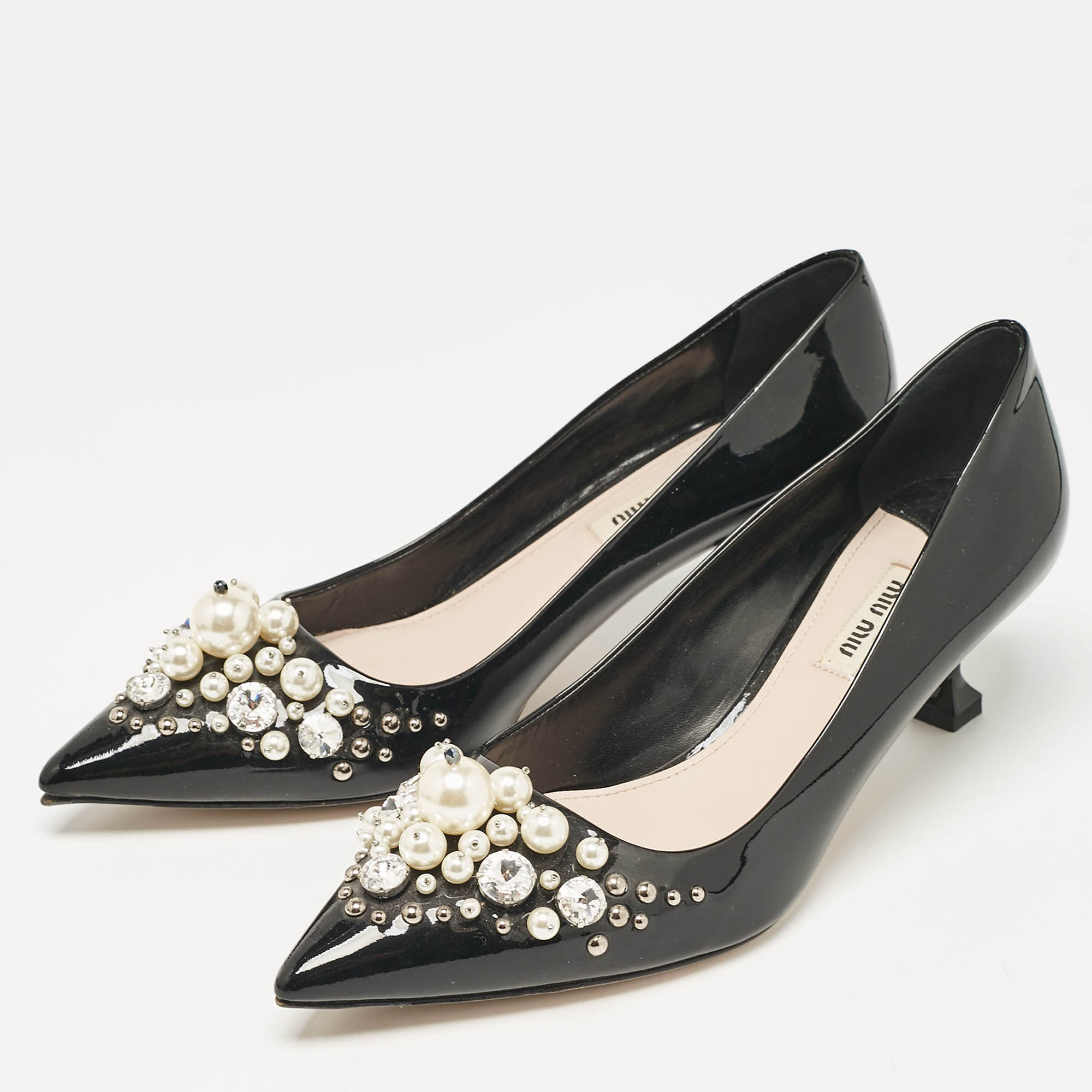 Miu Miu Black Patent Crystal And Pearl Embellished Pointed Toe Pumps Size 39