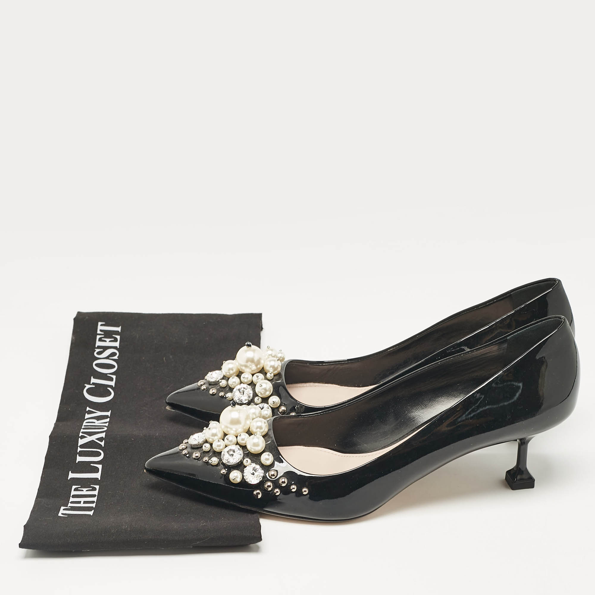 Miu Miu Black Patent Crystal And Pearl Embellished Pointed Toe Pumps Size 39