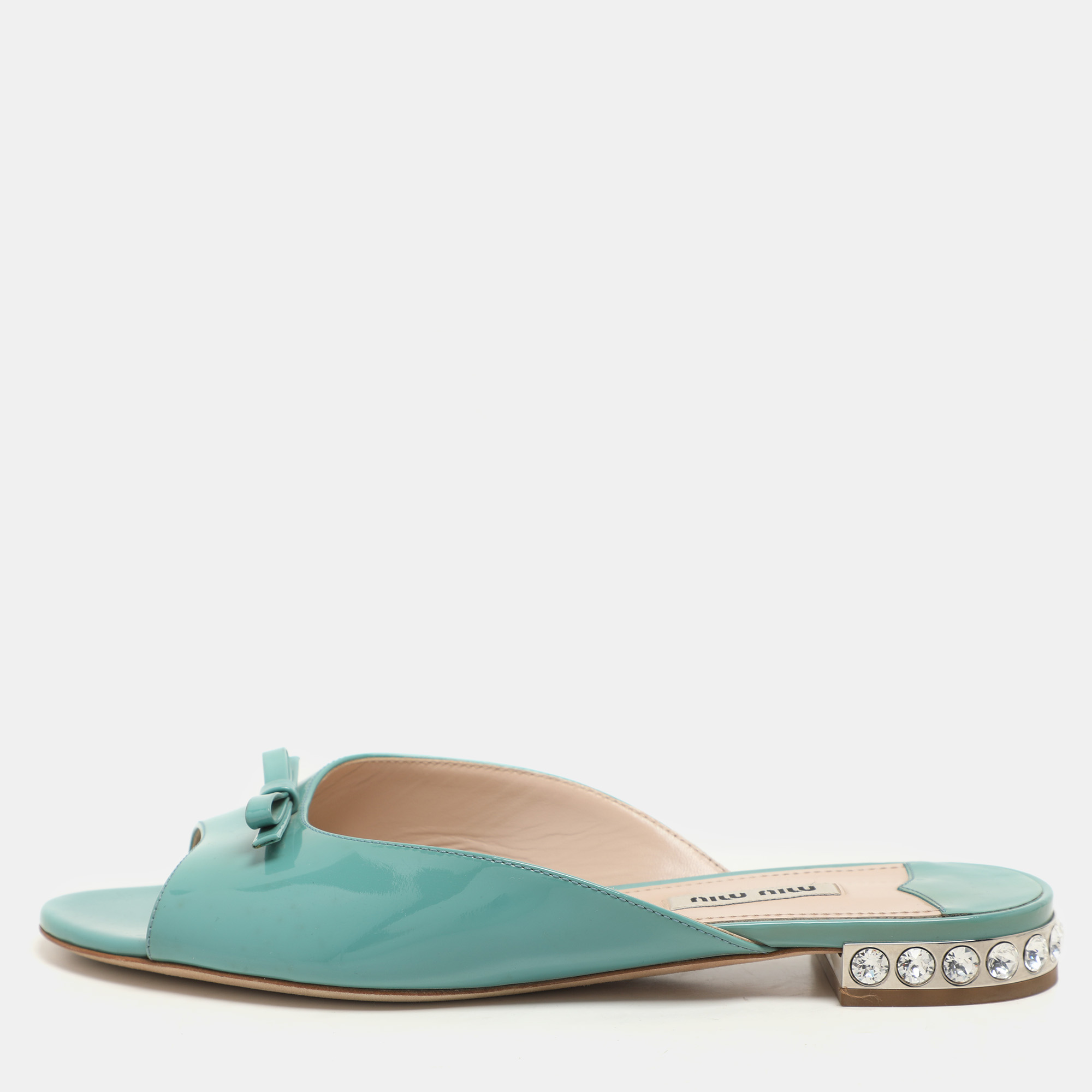 Miu Miu Mint Green Patent Leather Bow Crystal Embellished Heel Flat Slides Size
Miu Miu Mint Green Patent Leather Bow Crystal Embellished Heel Flat Slides Size