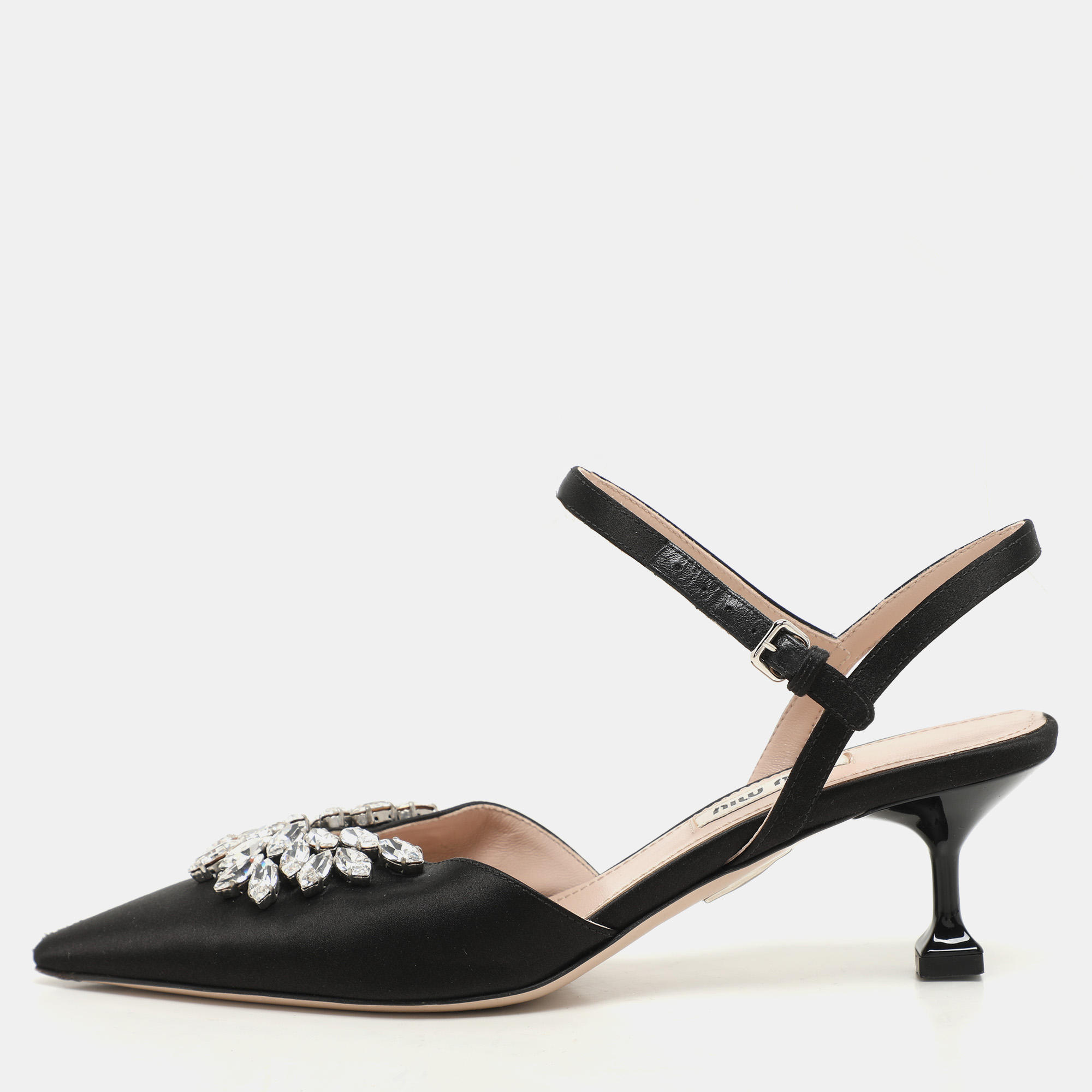 Miu Miu Black Satin Crystal Embellished Kitten Heel Ankle Strap Pumps Size 36.5
Miu Miu Black Satin Crystal Embellished Kitten Heel Ankle Strap Pumps Size 36.5