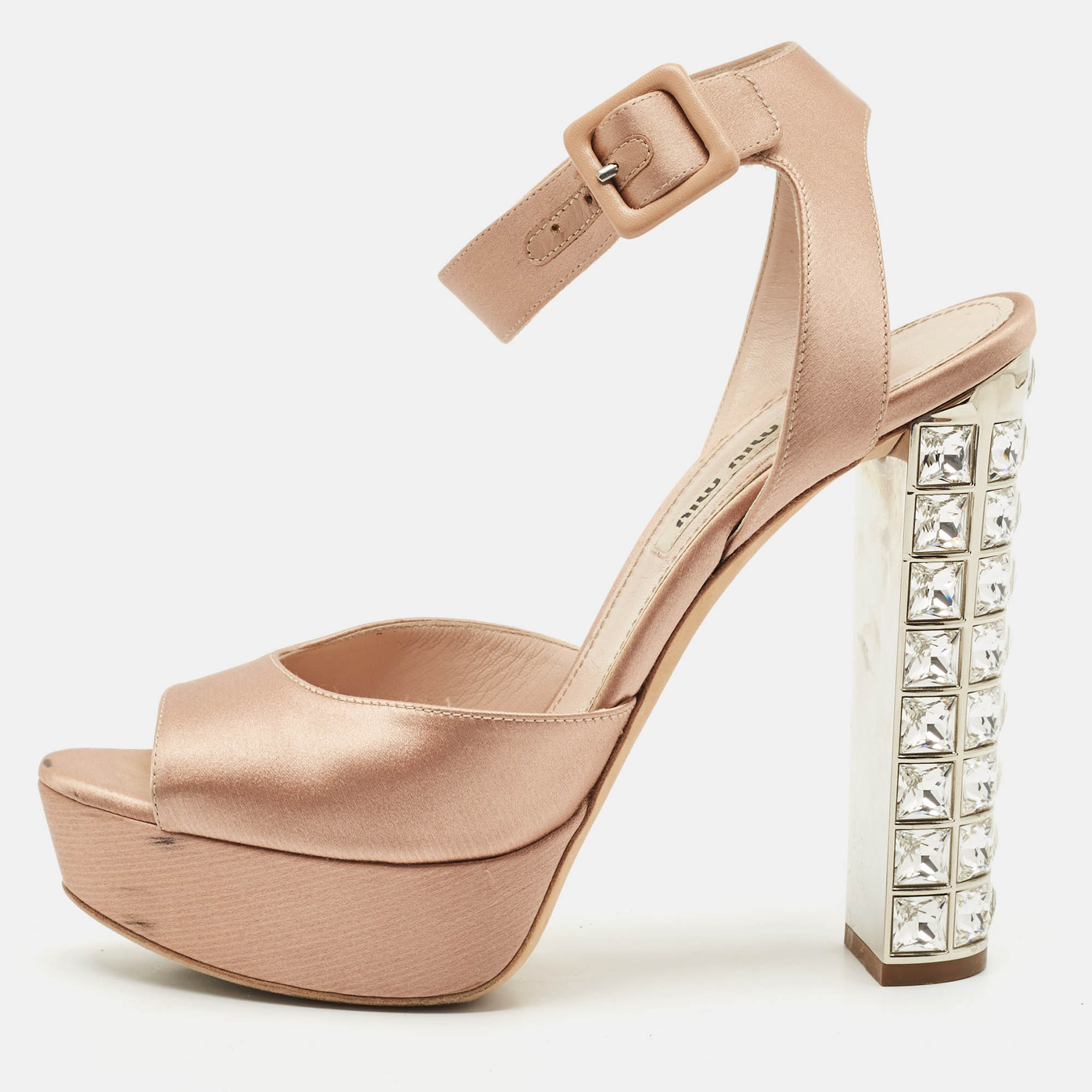 Miu Miu Beige Satin Crystal Embellished Block Heel Ankle Strap Platform Sandals Size
Miu Miu Beige Satin Crystal Embellished Block Heel Ankle Strap Platform Sandals Size