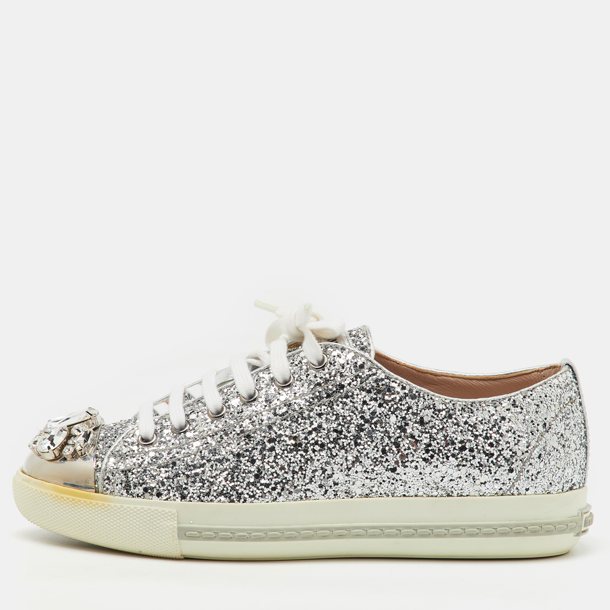 Miu Miu Silver Glitter Crystal Embellished Lace Up Sneakers Size
Miu Miu Silver Glitter Crystal Embellished Lace Up Sneakers Size