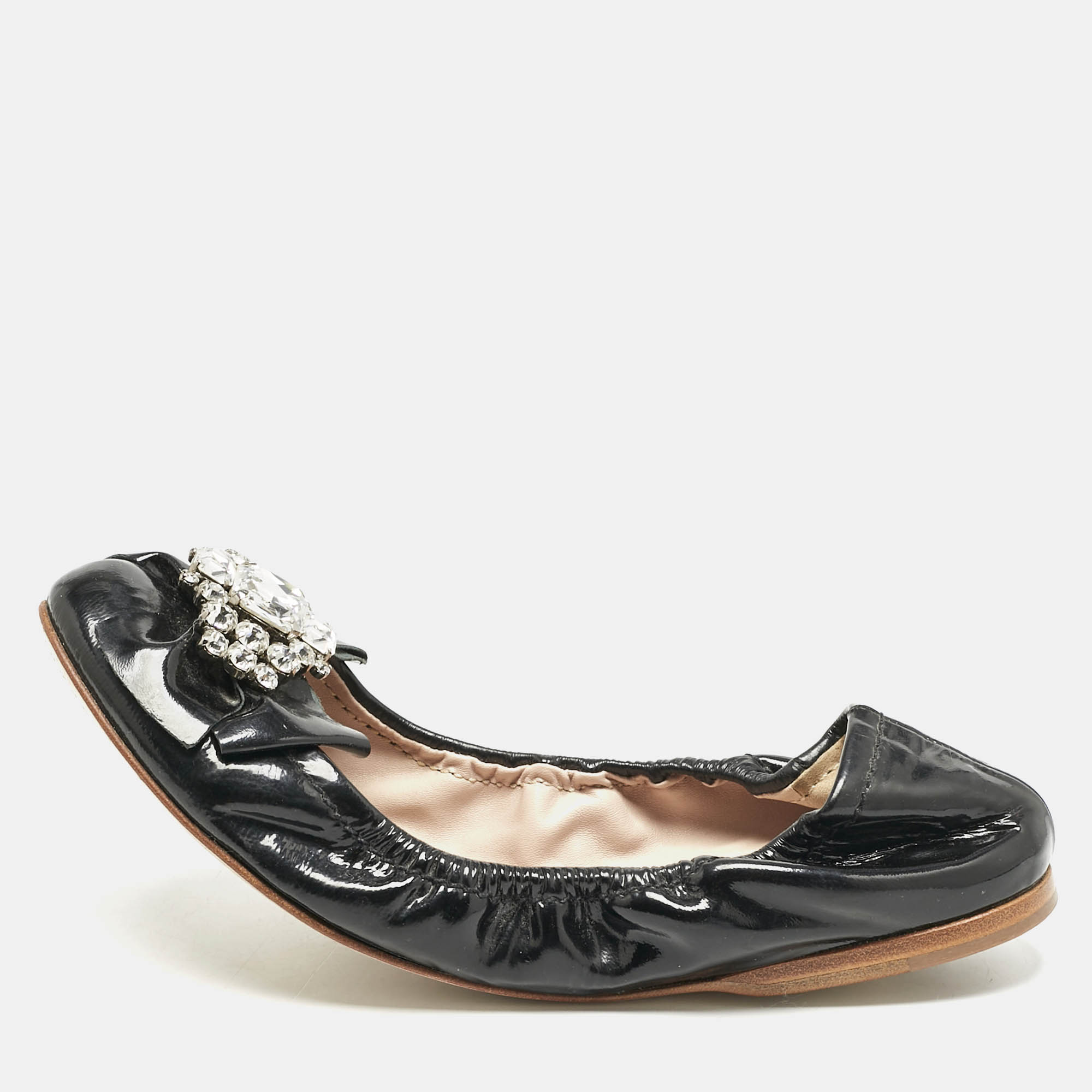Miu Miu Black Patent Leather Crystal Embellished Scrunch Ballet Flats Size
Miu Miu Black Patent Leather Crystal Embellished Scrunch Ballet Flats Size