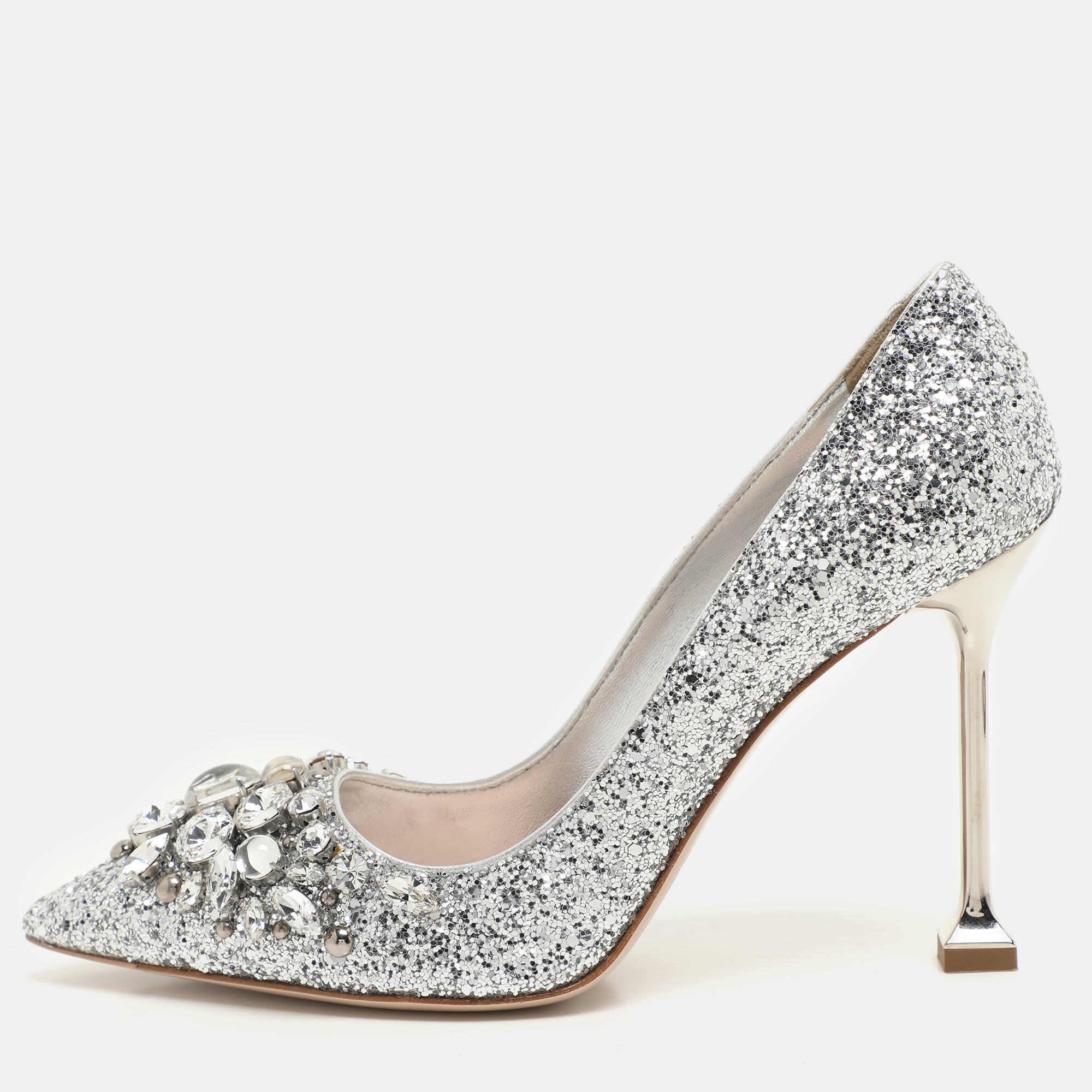 Miu Miu Silver Glitter Crystal Embellished Pointed Toe Pumps Size
Miu Miu Silver Glitter Crystal Embellished Pointed Toe Pumps Size
