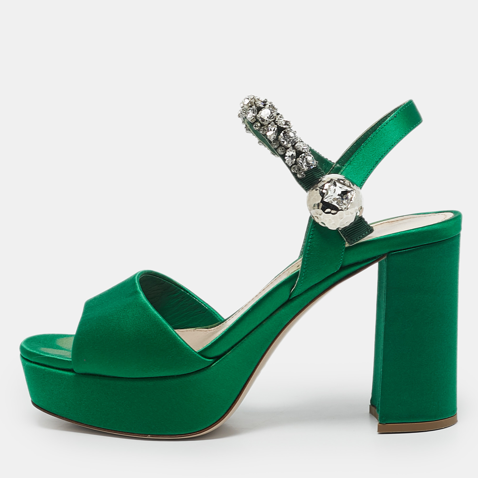 Miu Miu Green Satin Crystal Embellished Ankle Strap Block Heel Platform Sandals Size
Miu Miu Green Satin Crystal Embellished Ankle Strap Block Heel Platform Sandals Size