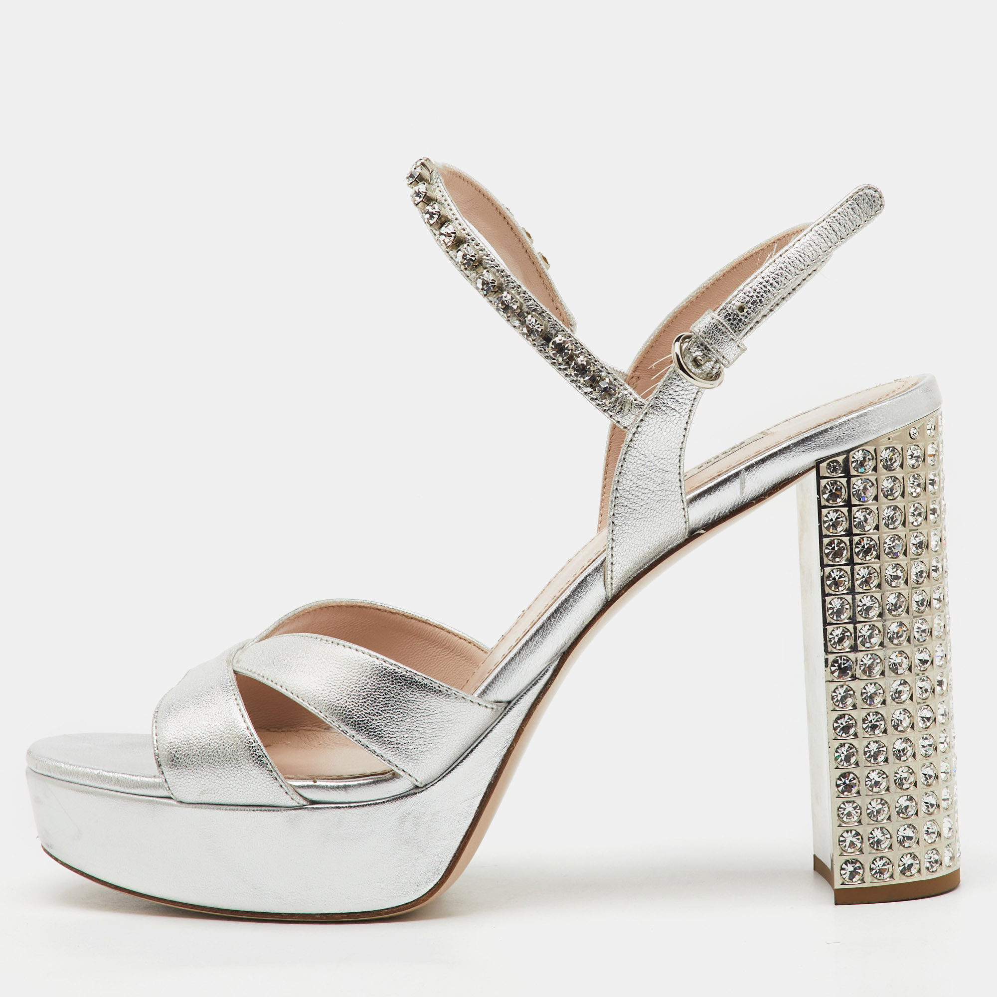 Miu Miu Silver Leather Crystal Embellished Ankle Strap Platform Sandals Size
Miu Miu Silver Leather Crystal Embellished Ankle Strap Platform Sandals Size