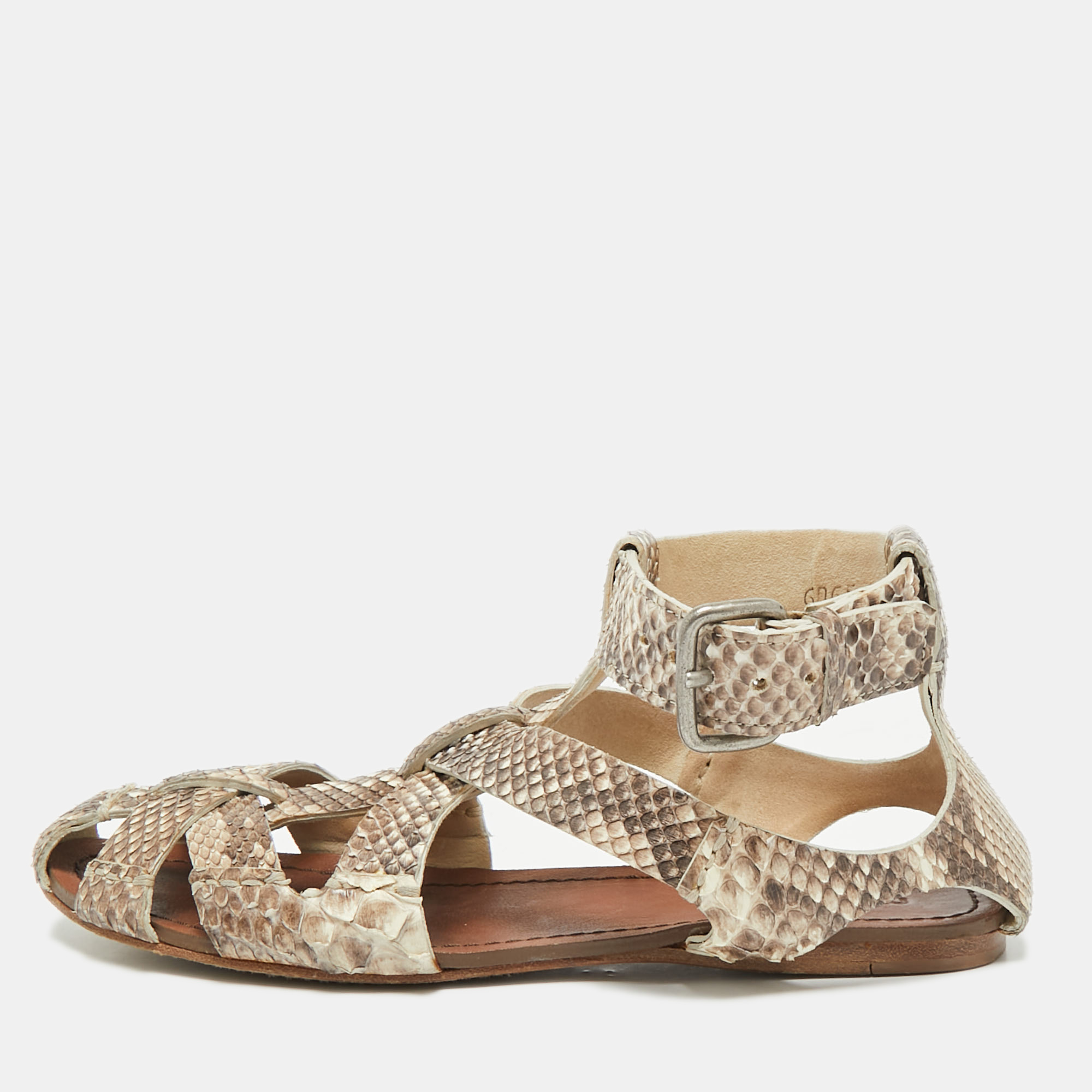 Miu Miu Beige Python Leather Ankle Strap Flat Sandals Size 38.5 - Miu Miu - Modalova