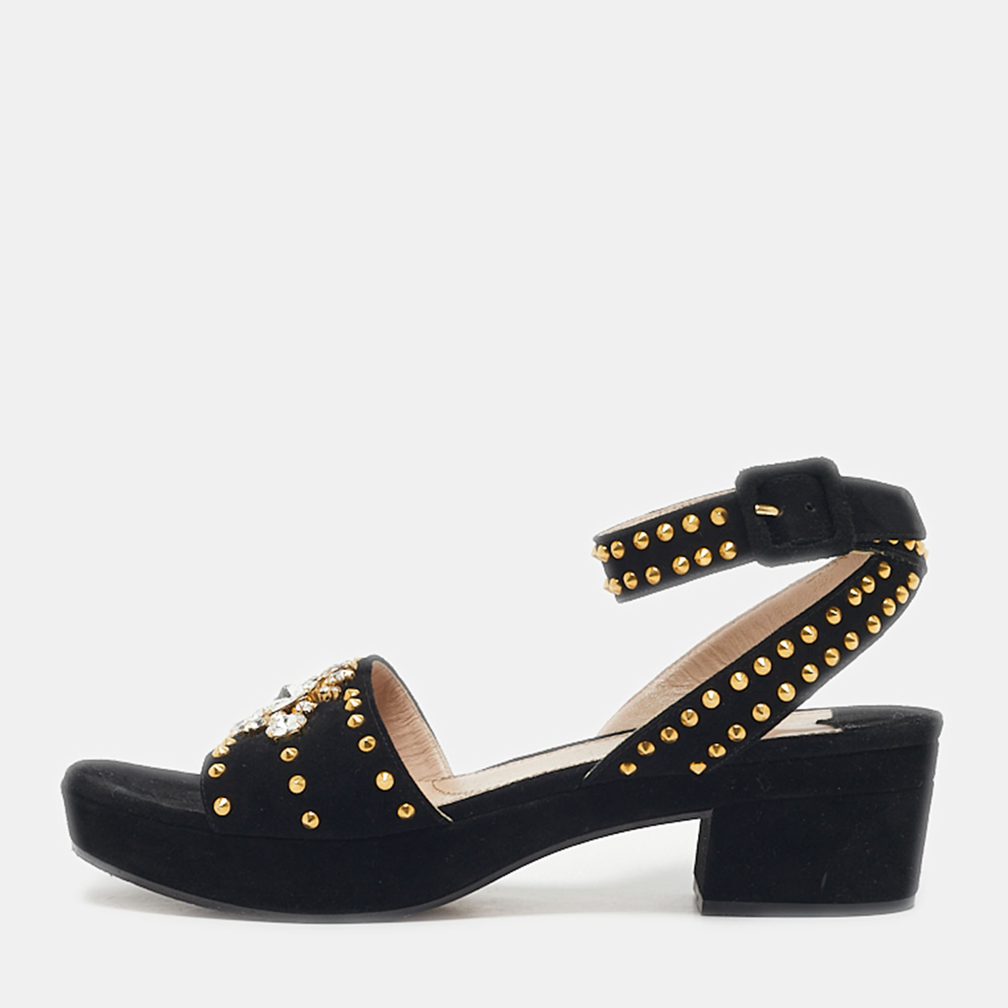 Miu Miu Black Suede Crystal Embellished Ankle Strap Sandals Size 40 - Miu Miu - Modalova