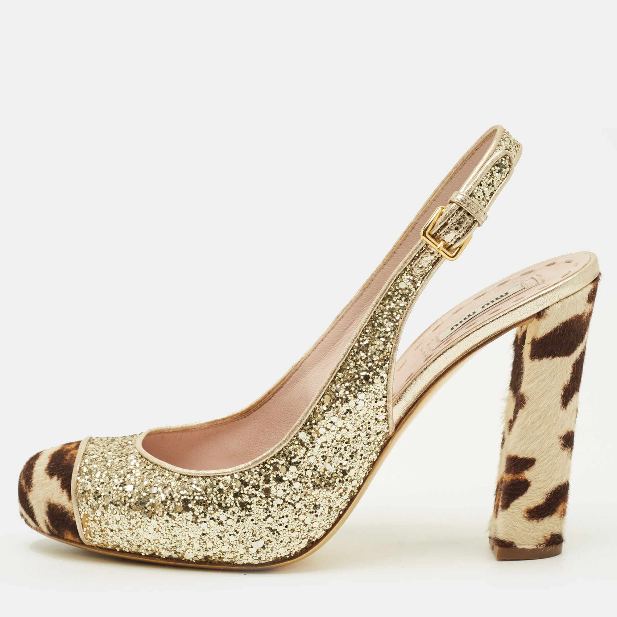 Miu Miu Coarse Size Gold Calf Hair and Glitter Block Heel Slingback Pumps
Miu Miu Coarse Size Gold Calf Hair and Glitter Block Heel Slingback Pumps