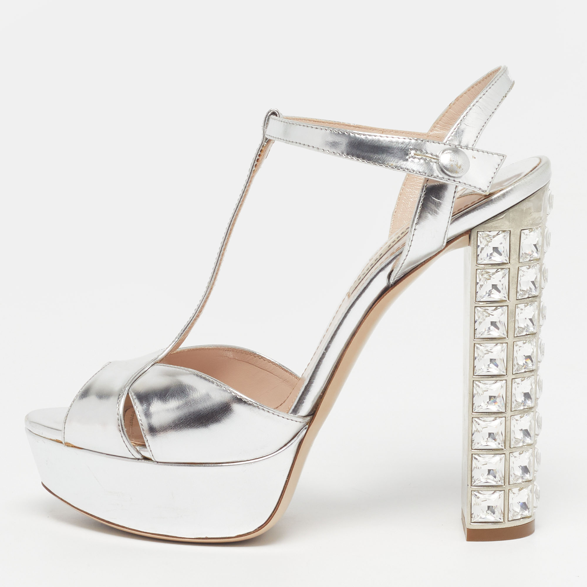 Miu Miu Size Silver Leather Platform Crystal Embellished Heel Sandals
Miu Miu Size Silver Leather Platform Crystal Embellished Heel Sandals