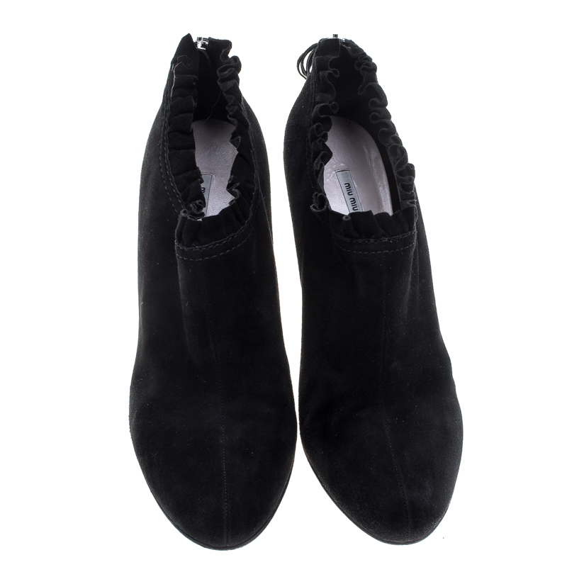 Miu Miu Black Suede Pleated Trim Ankle Boots Size 41