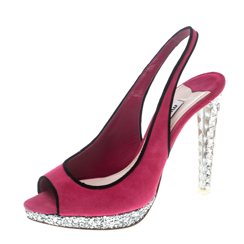 Miu Miu Pink Suede Crystal Embellished Heel Gliiter Platform Peep Toe Slingback Sandals Size 37.5