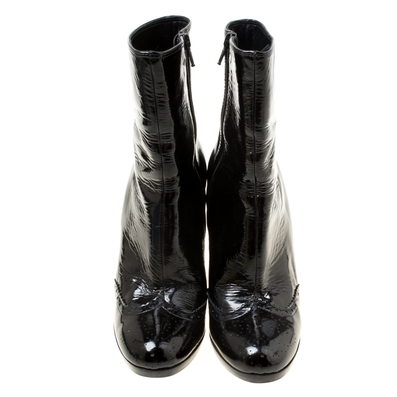 Miu Miu Black Patent Leather Brogue Ankle Boots Size 36.5