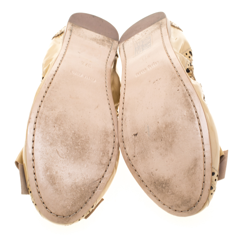 Miu Miu Beige Brogue Leather Scrunch Bow Ballet Flats Size 37.5