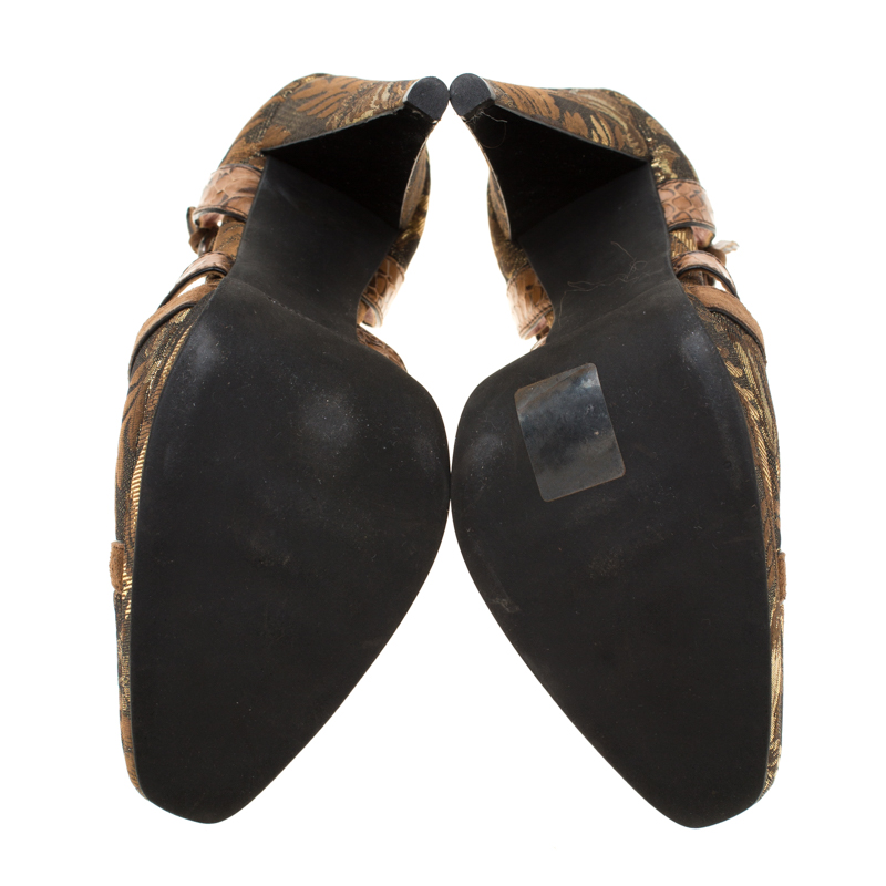 Miu Miu Metalllic Brown Brocade Fabric And Leather Trim Ankle Strap Platform Sandals Size 39