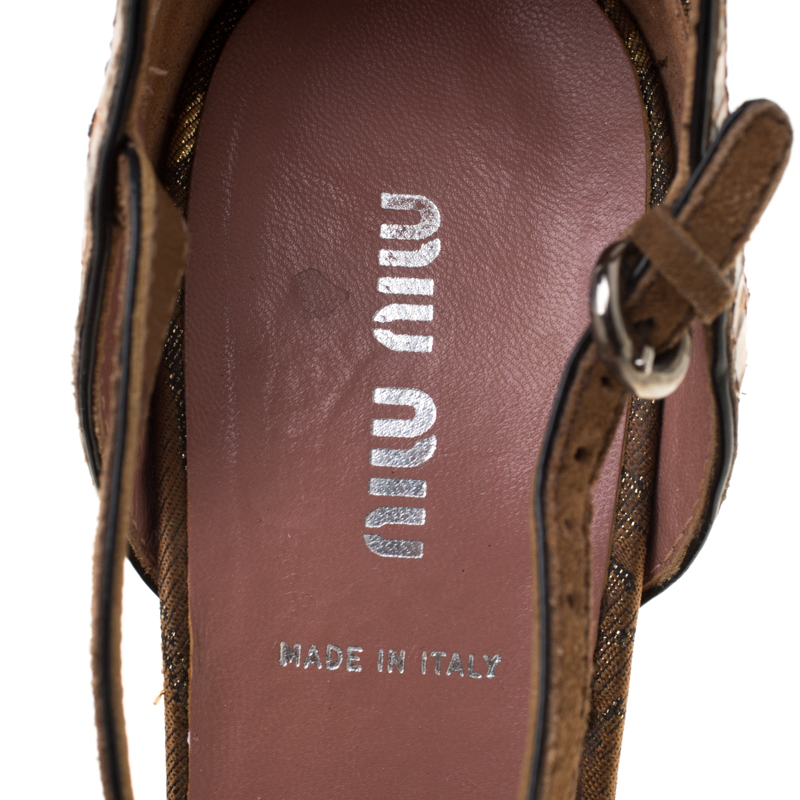 Miu Miu Metalllic Brown Brocade Fabric And Leather Trim Ankle Strap Platform Sandals Size 39