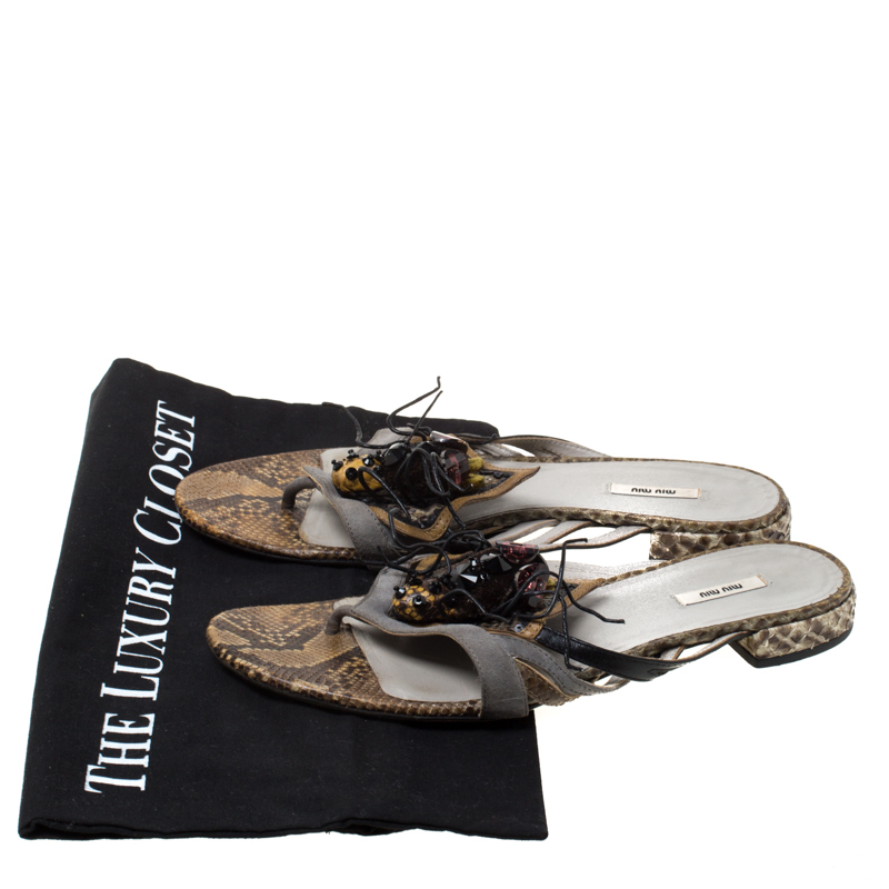 Miu Miu Multicolor Python Leather And Suede Spider Embellished Flat Sandals Size 37