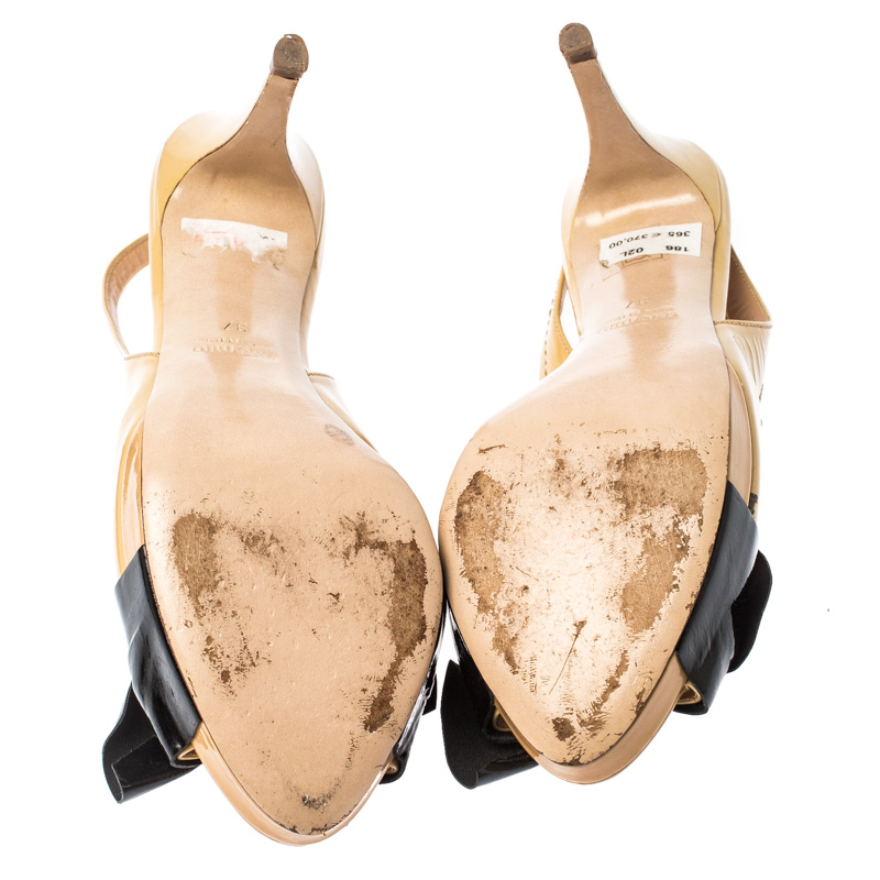 Miu Miu Beige Patent Leather Bow Slingback Peep Toe Sandals Size 37