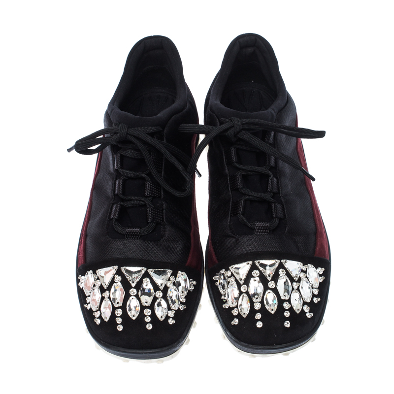 Miu Miu Black/Maroon Fabric And Suede Jeweled Toe Sneakers Size 38