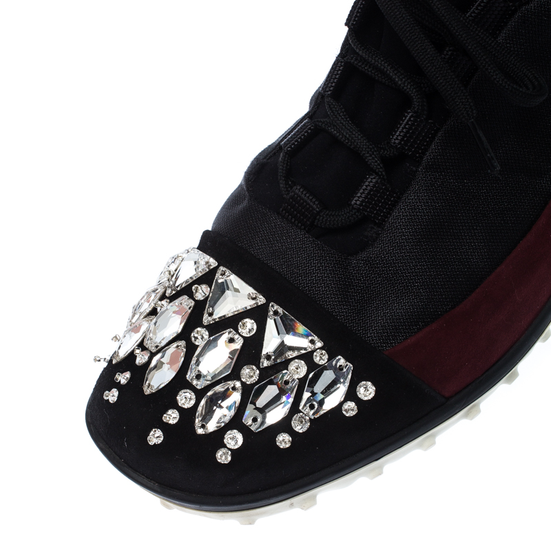 Miu Miu Black/Maroon Fabric And Suede Jeweled Toe Sneakers Size 38