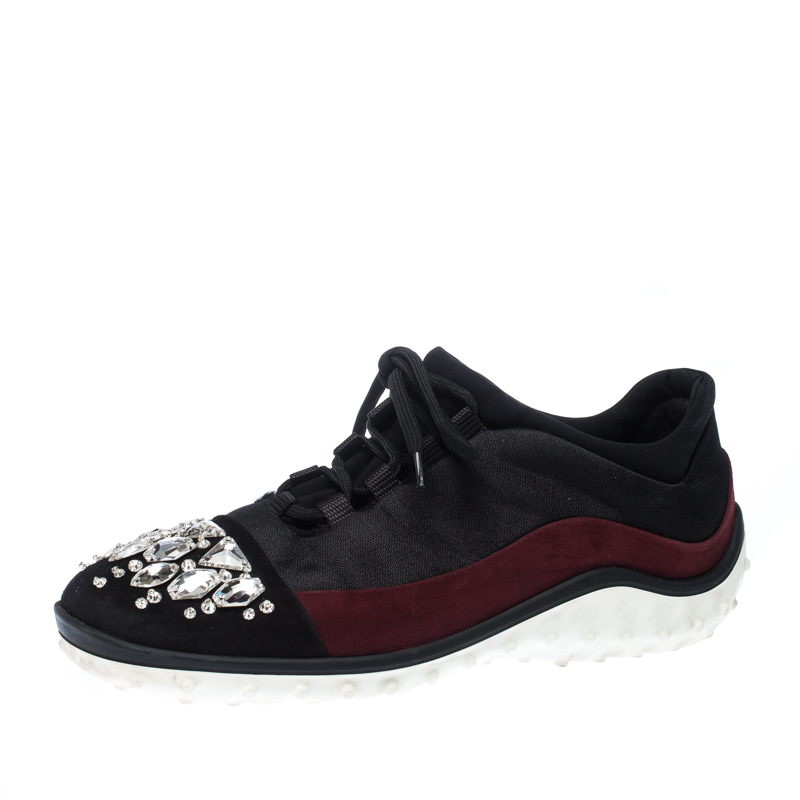 Image of Miu Miu Black/Maroon Fabric and Suede Jeweled Toe Sneakers Size