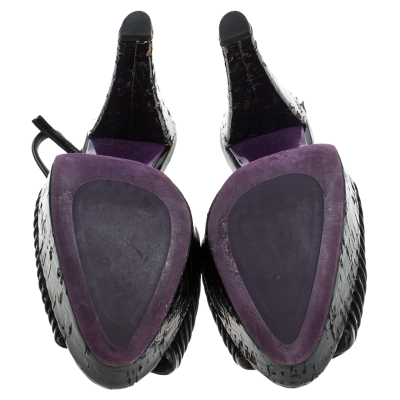 Miu Miu Black Pleated Leather Peep Toe Platform Slingback Sandals Size 38.5