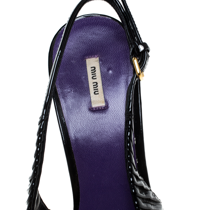 Miu Miu Black Pleated Leather Peep Toe Platform Slingback Sandals Size 38.5