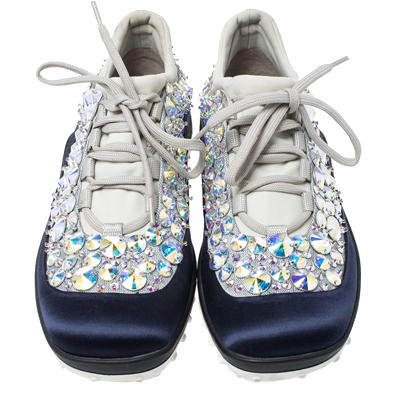 Miu Miu Blue/Grey Embellished Satin And Mesh Astro Sneakers Size 35