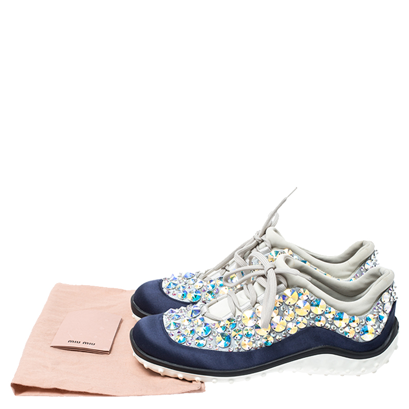 Miu Miu Blue/Grey Embellished Satin And Mesh Astro Sneakers Size 35