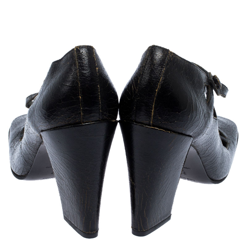 Miu Miu Black Crack Leather Cutout Square Toe Pumps Size 37.5