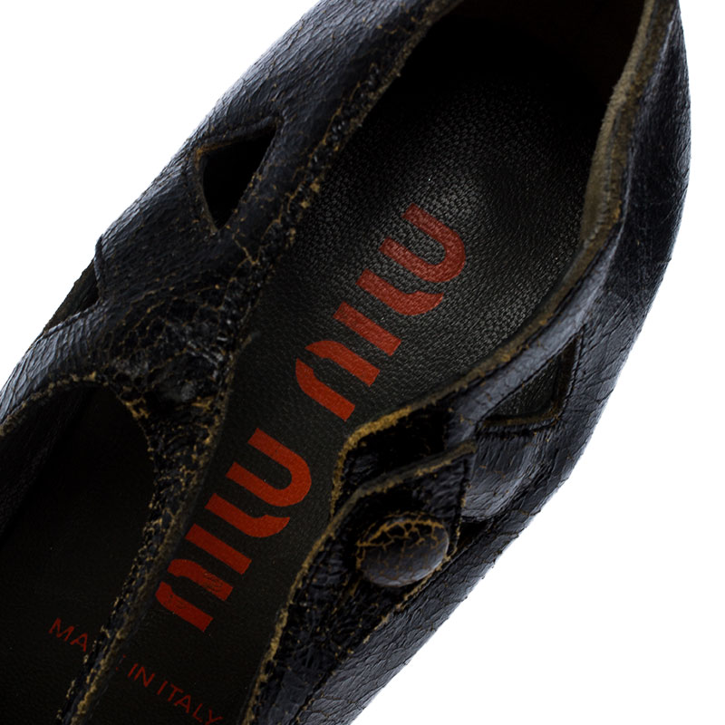Miu Miu Black Crack Leather Cutout Square Toe Pumps Size 37.5