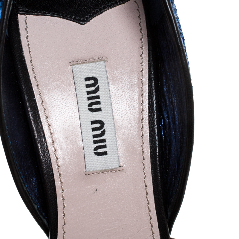 Miu Miu Metallic Blue Coarse Glitter Ankle Strap Sandals Size 38.5