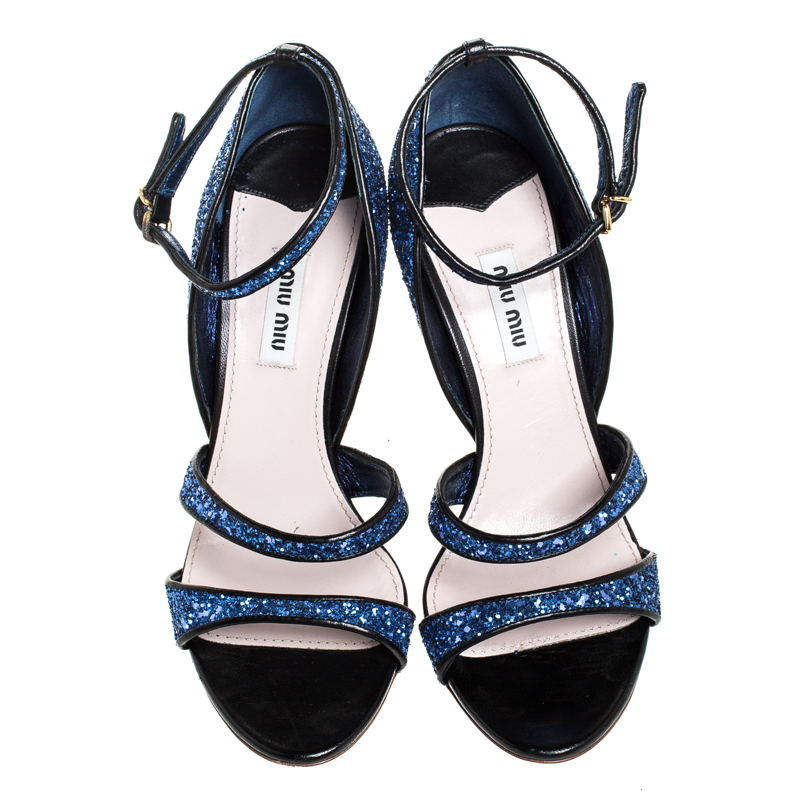 Miu Miu Metallic Blue Coarse Glitter Ankle Strap Sandals Size 38.5