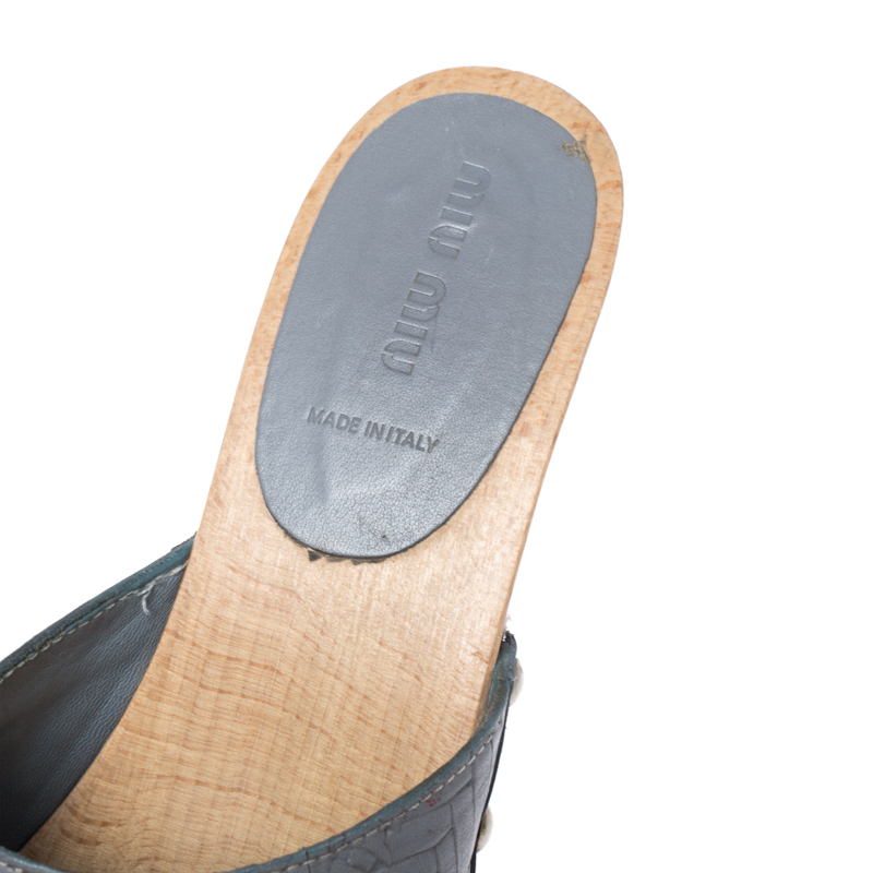 Miu Miu Grey Leather Studded Platform Clogs Size 40