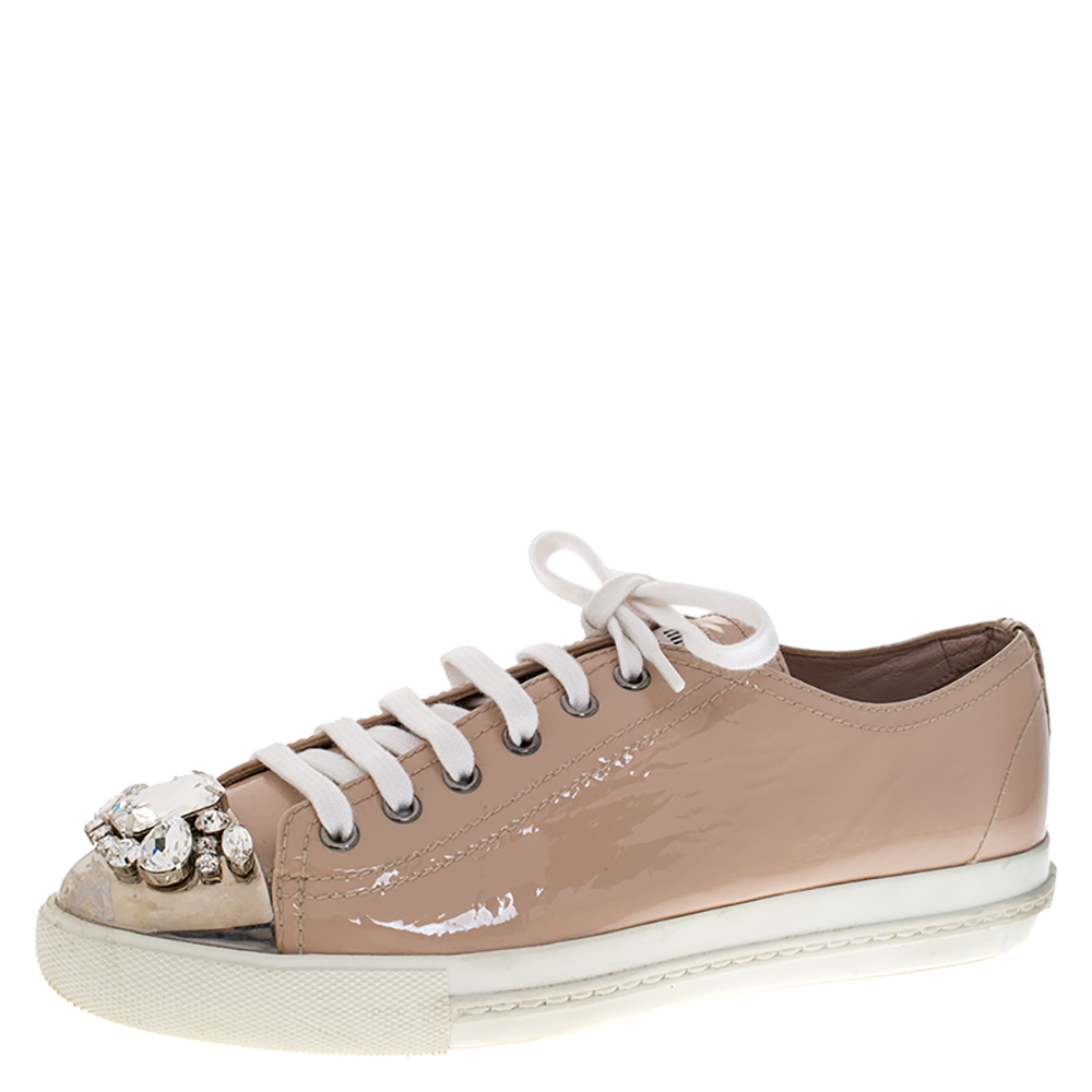 Image of Miu Miu Beige Patent Leather Crystal Embellished Cap Toe Lace Up Sneakers Size .