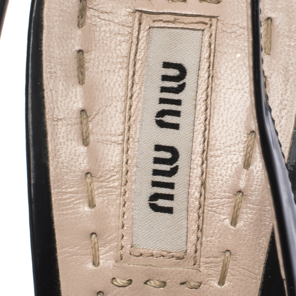 Miu Miu Black Patent Leather Crystal Embellished Heel Slingback Platform Sandals Size 38