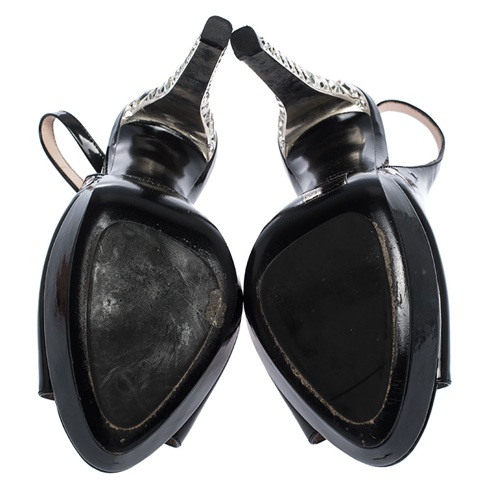 Miu Miu Black Patent Leather Crystal Embellished Heel Slingback Platform Sandals Size 38