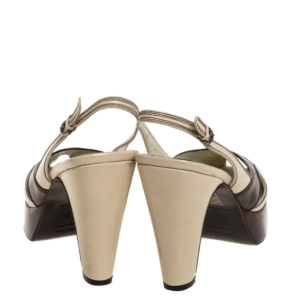 Miu Miu Cream/Brown Leather Peep Toe Platform Slingback Sandals Size 38.5