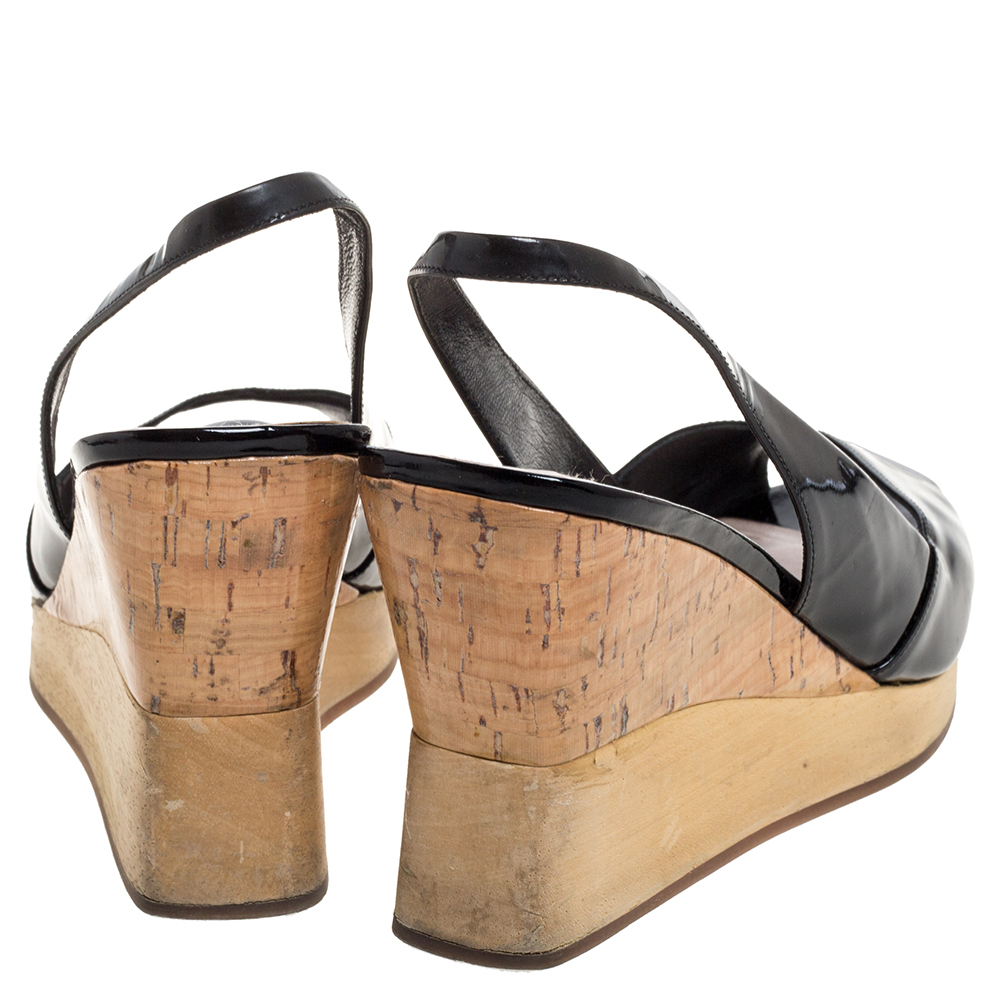 Miu Miu Black Patent Leather Vintage Slingback Wedge Platform Sandals Size 38