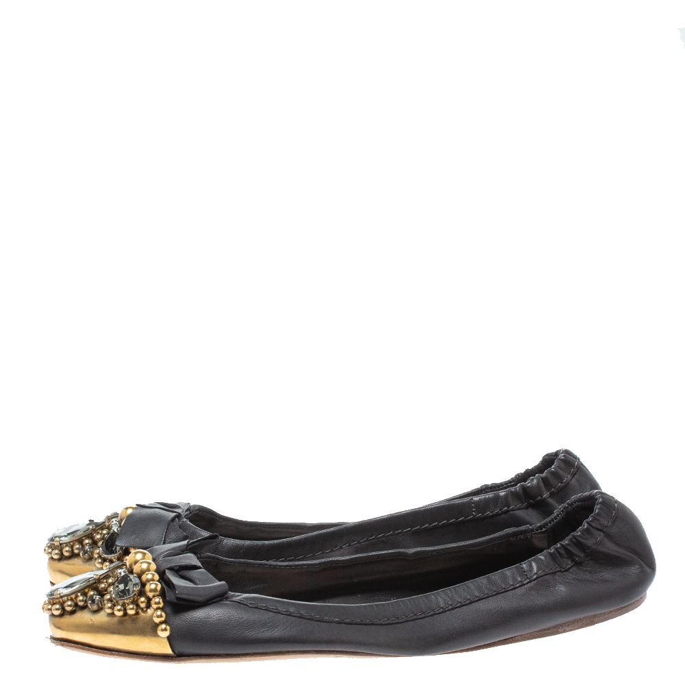 Miu Miu Black Leather Crystal, Bead And Bow Embellished Cap Toe Ballet Flats Size 40