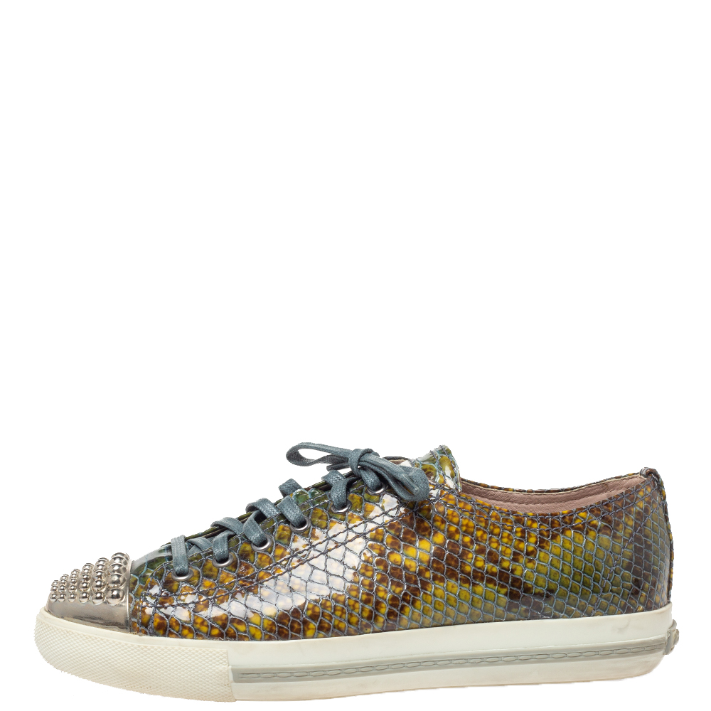 Miu Miu Green Python Print Glossy Leather Studded Cap Toe Sneakers Size
Miu Miu Green Python Print Glossy Leather Studded Cap Toe Sneakers Size
