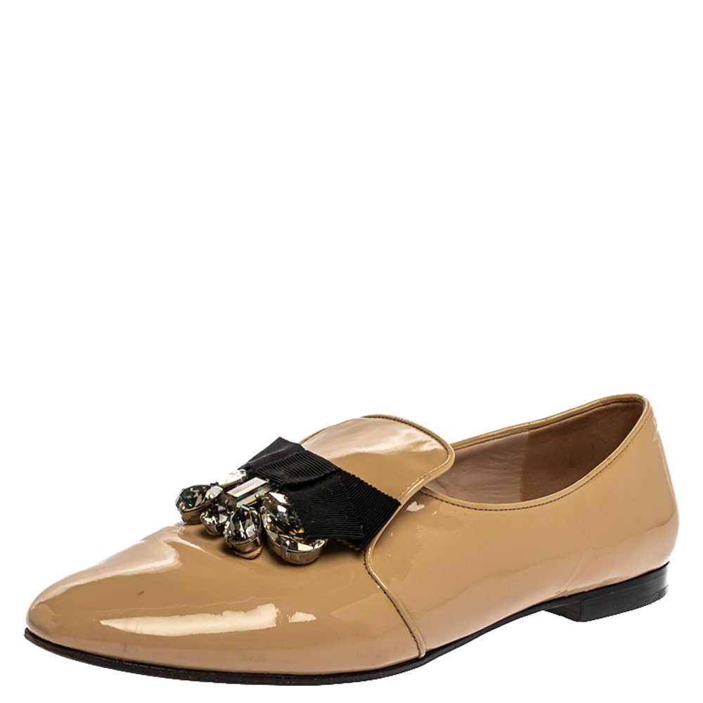 Image of Miu Miu Beige Patent Leather Embellished Loafers Size