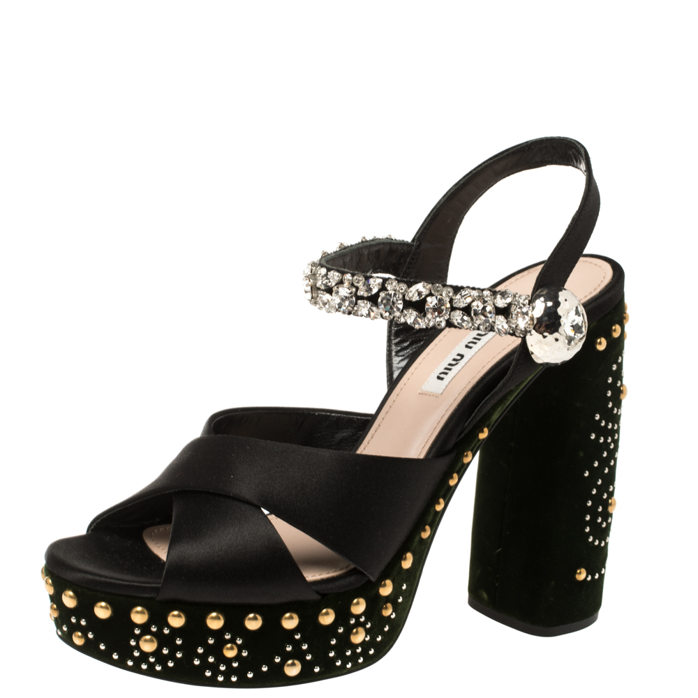 Image of Miu Miu Black/Green Satin and Studded Velvet Crystal Embellished Platform Ankle Strap Sandals Size .