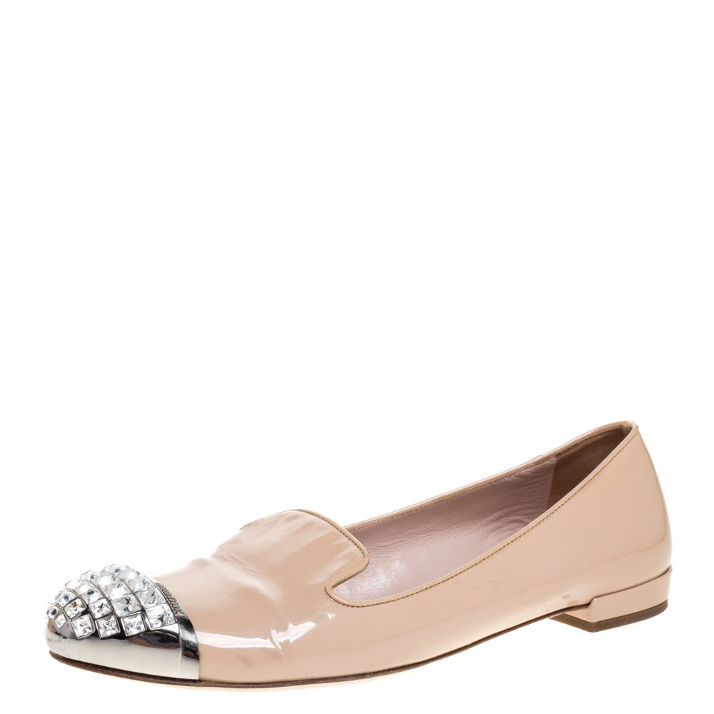 Image of Miu Miu Beige Patent Leather Crystal Embellished Cap Toe Smoking Slippers Size .
