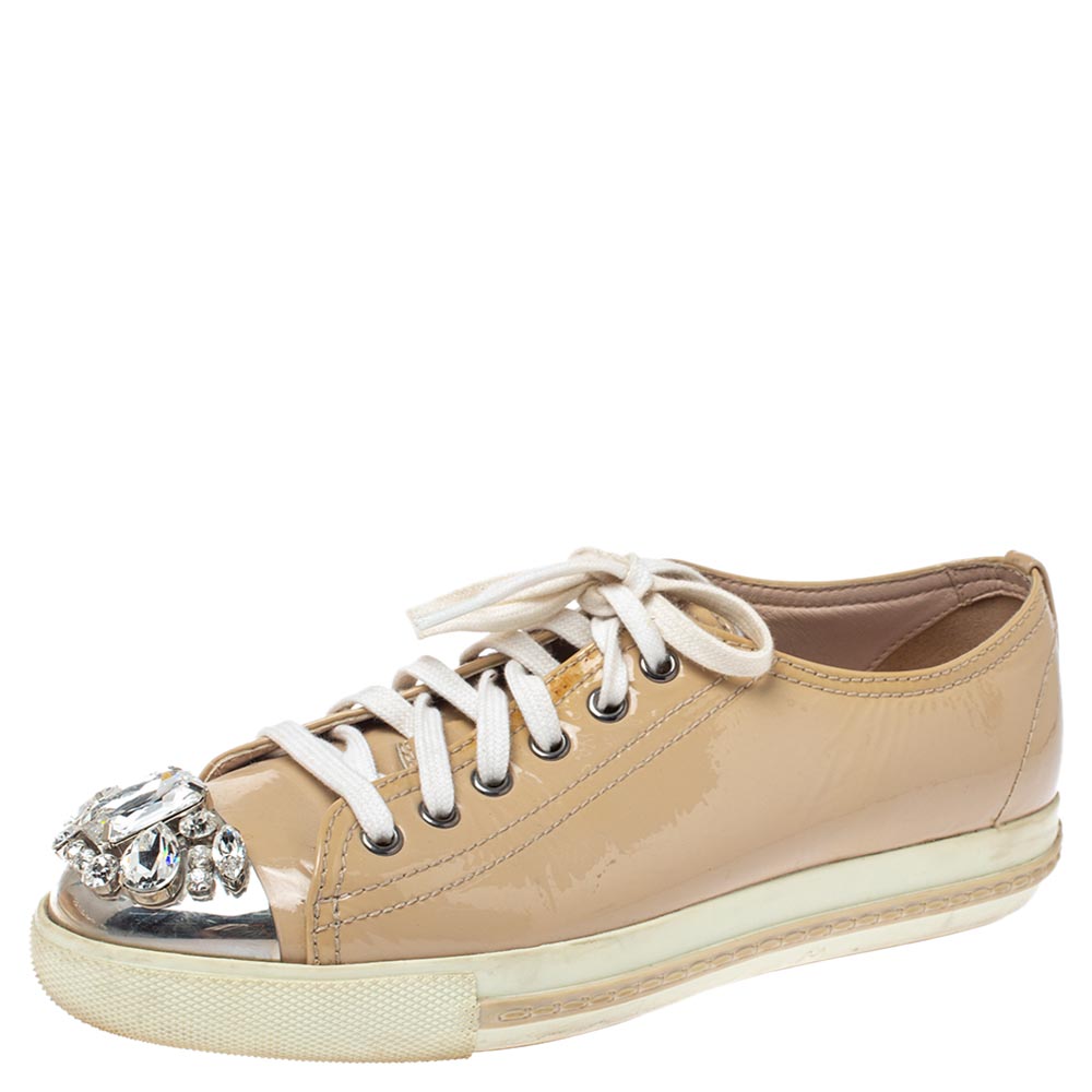 Image of Miu Miu Beige Patent Leather Crystal Embellished Cap Toe Lace Up Sneakers Size