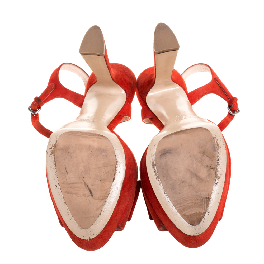 Miu Miu Red Suede Bow Ankle Strap Platform Sandals Size 39