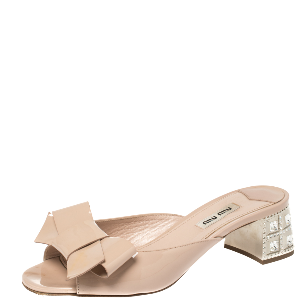 Image of Miu Miu Beige Patent Leather Bow Slide Sandals Size