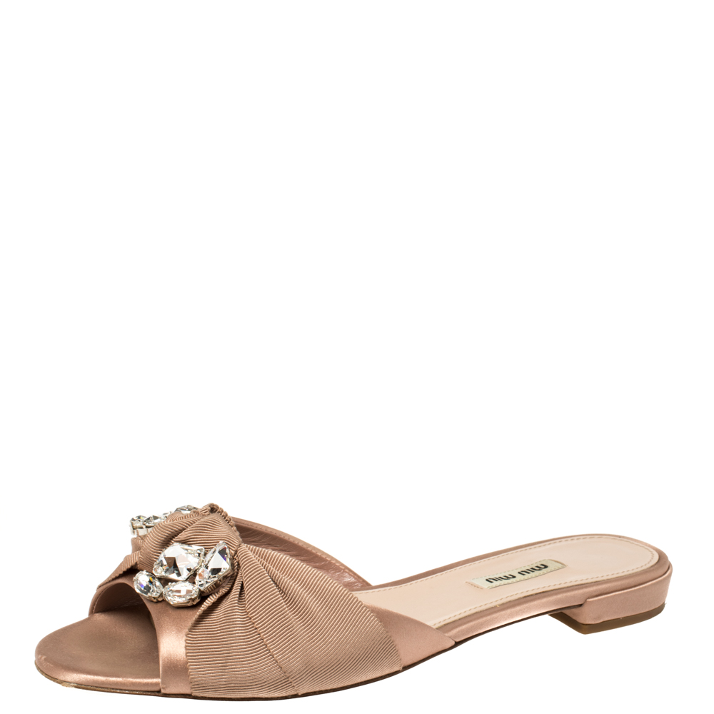 Image of Miu Miu Beige Satin And Canvas Knot Crystal Embellished Slide Sandals Size .