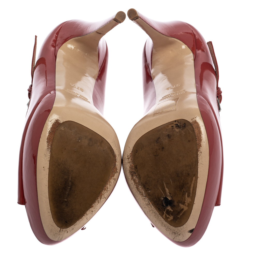 Miu Miu Burgundy Patent Leather Peep Toe Pumps Size 37.5