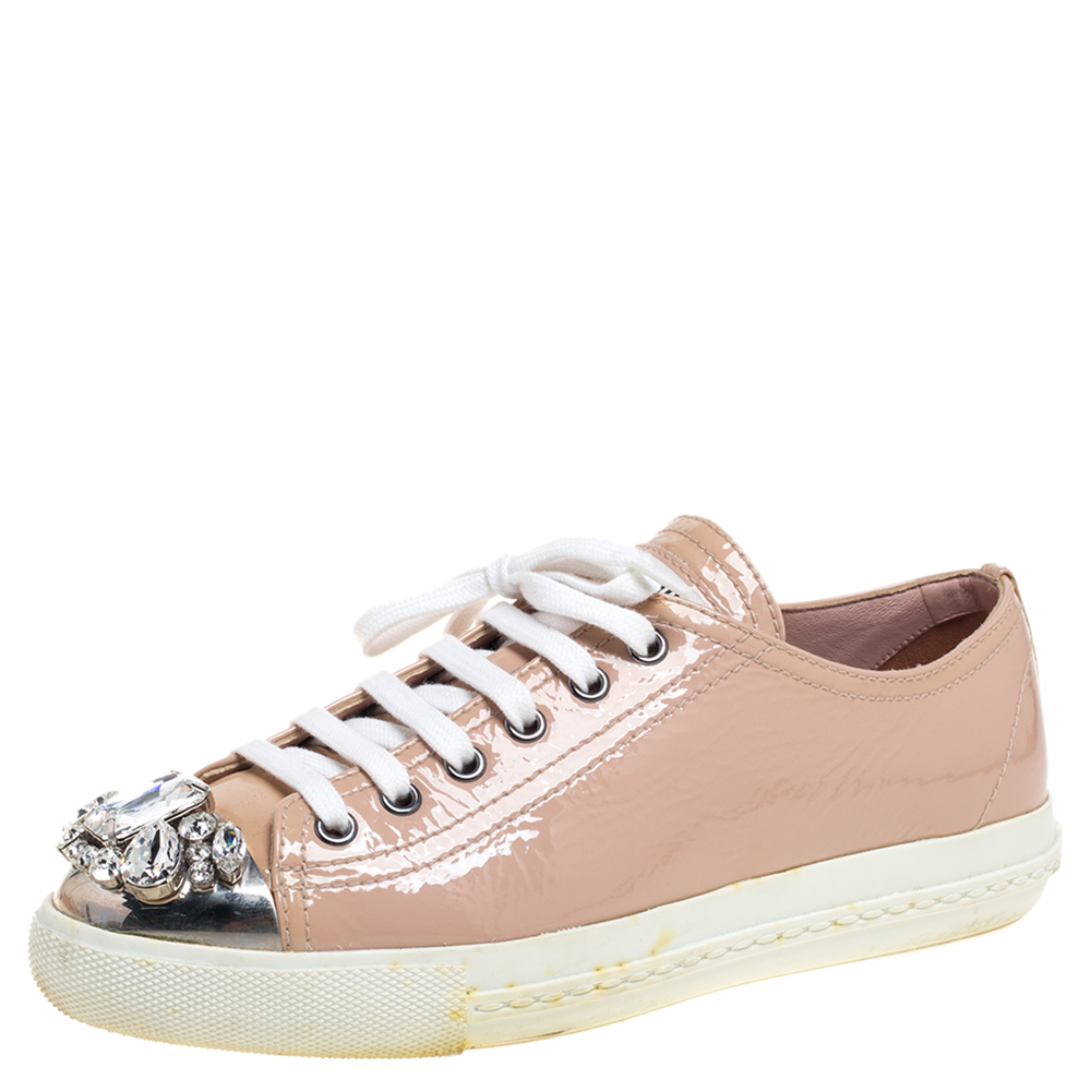 Miu Miu Beige Patent Leather Crystal Embellished Low Top Sneakers Size 37